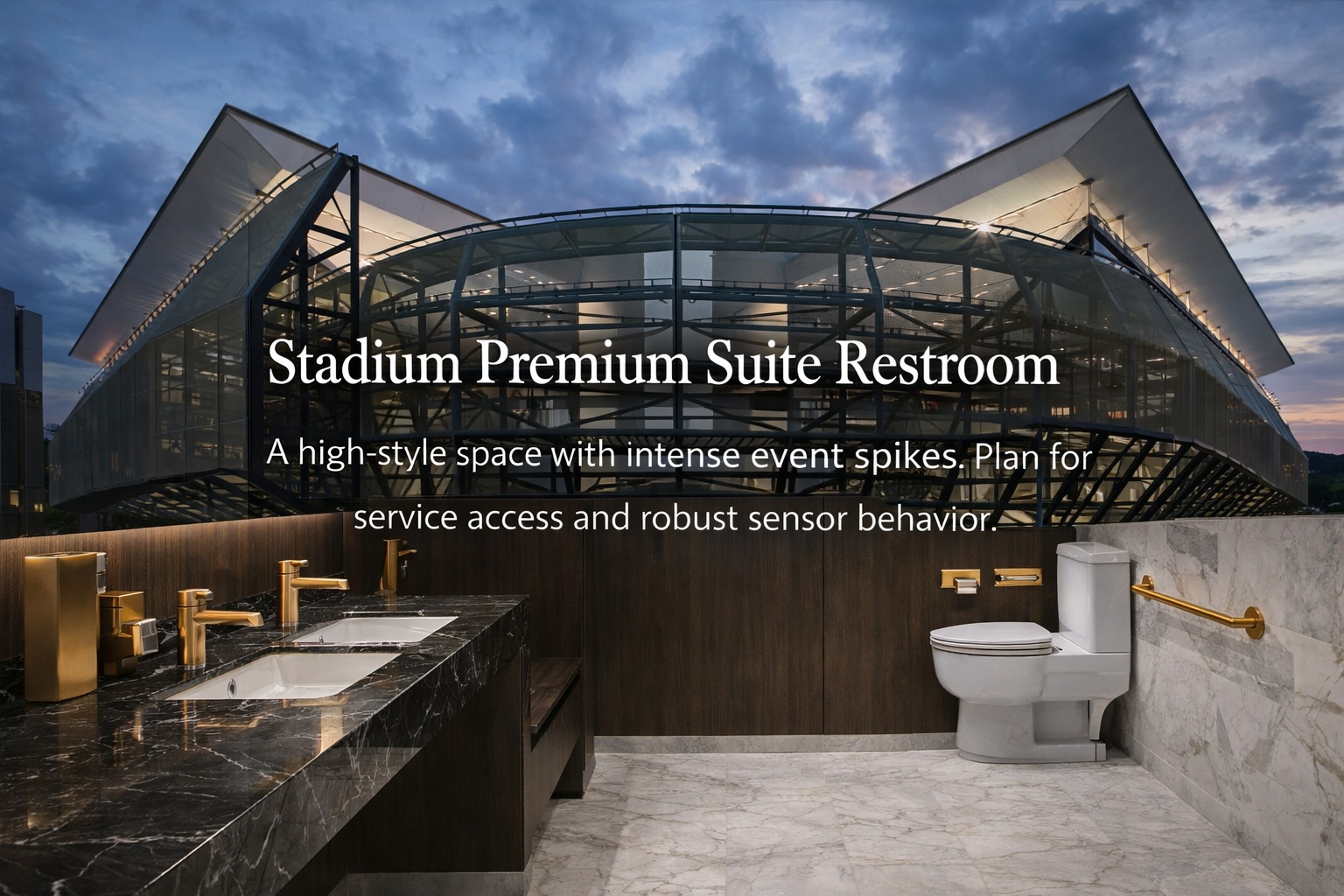 Stadium premium suite restroom concept with touchless fixtures